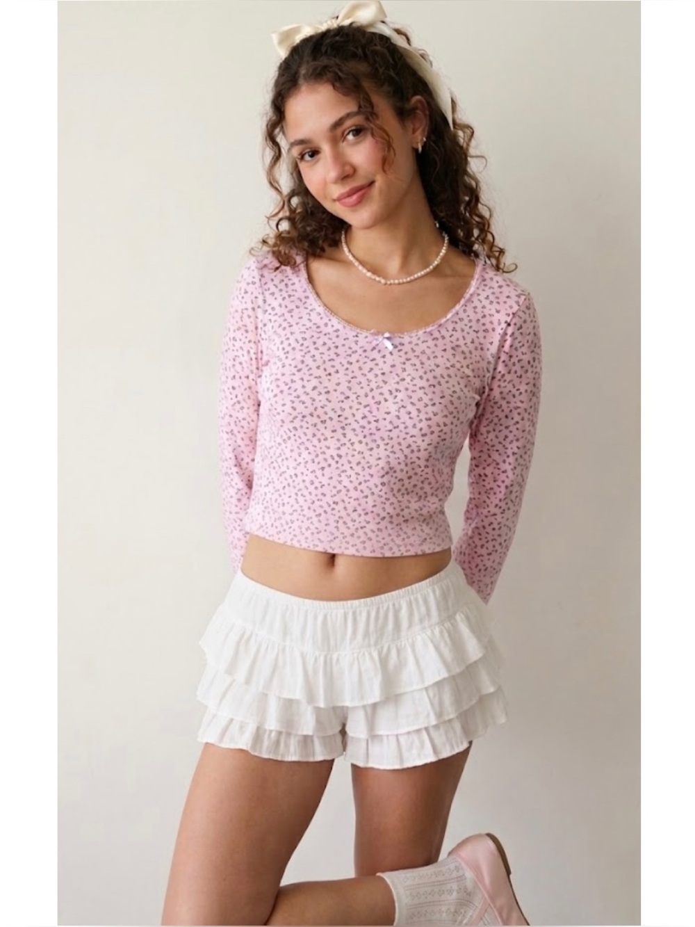 Just Polly NY Coquette Crop Long Sleeve Ditsy Floral Top Baby Tee
